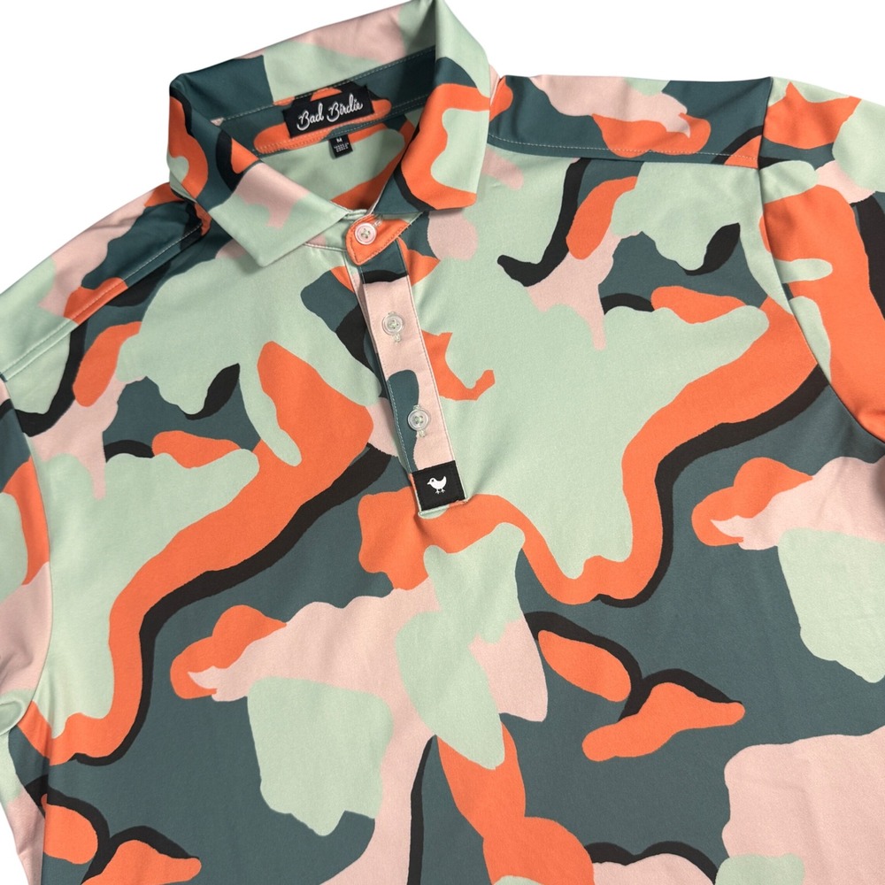 Bad Birdie Golf Polo Shirt Mens Medium Orange Pink Green Camo Performance